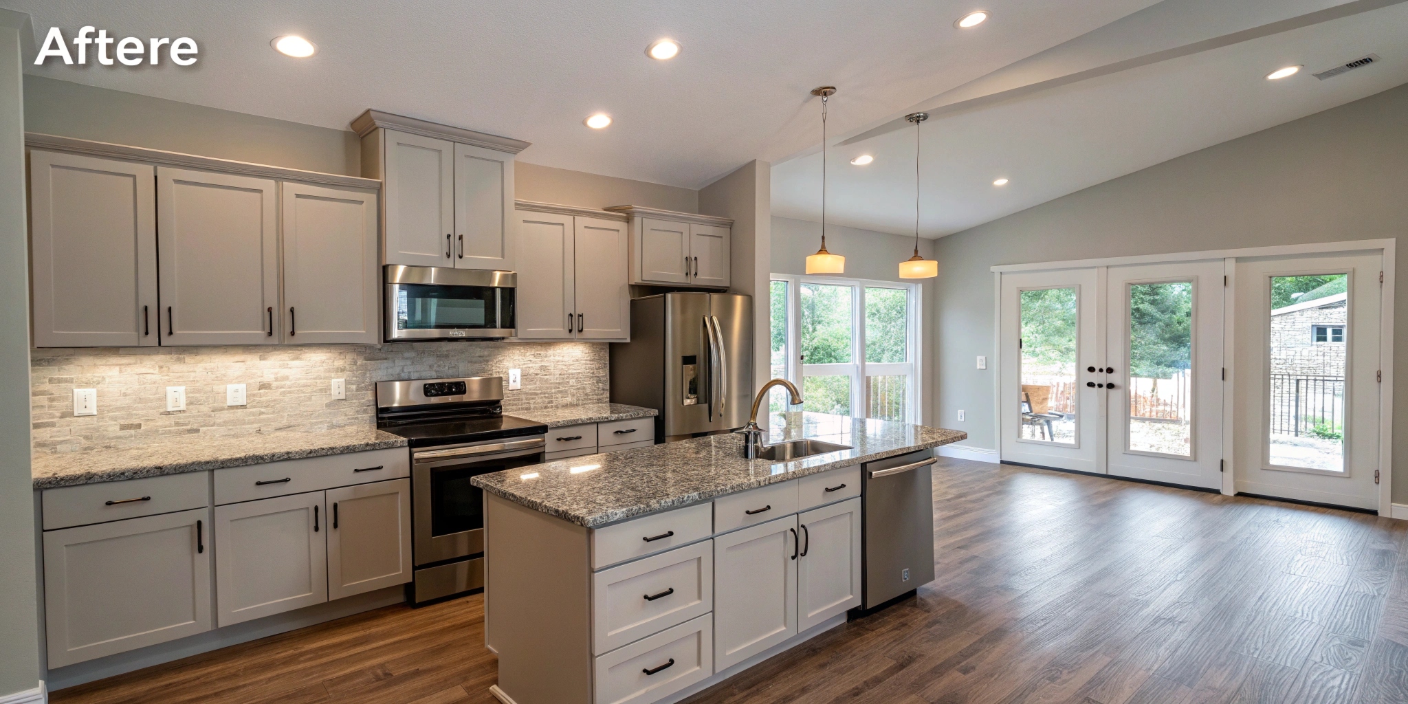 Modern renovated living room with contemporary furniture and large windows